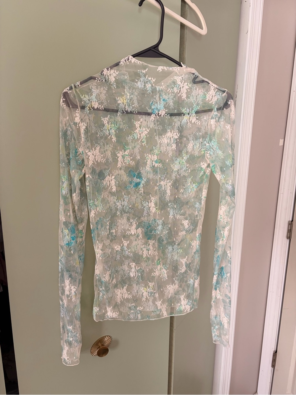 Free People Sheer Floral Long-Sleeve Top in Mint and White